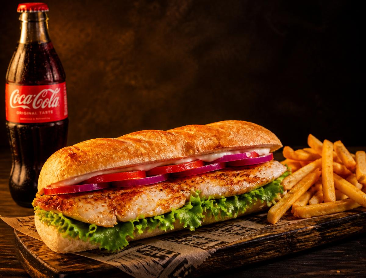 Fish in bread baguette with fries and a cold cola