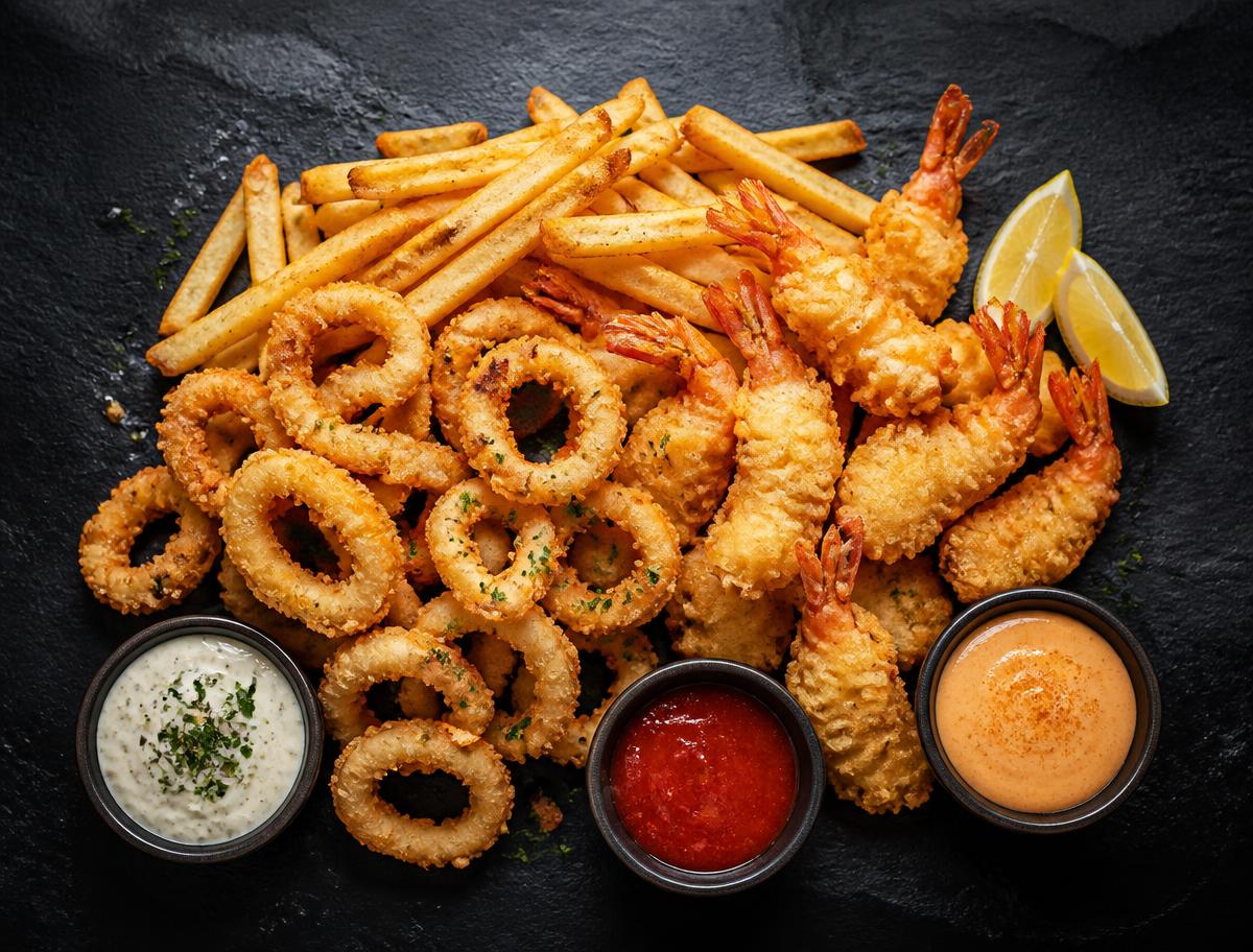 Platter of calamari rings, shrimp tempura and french fries with dips