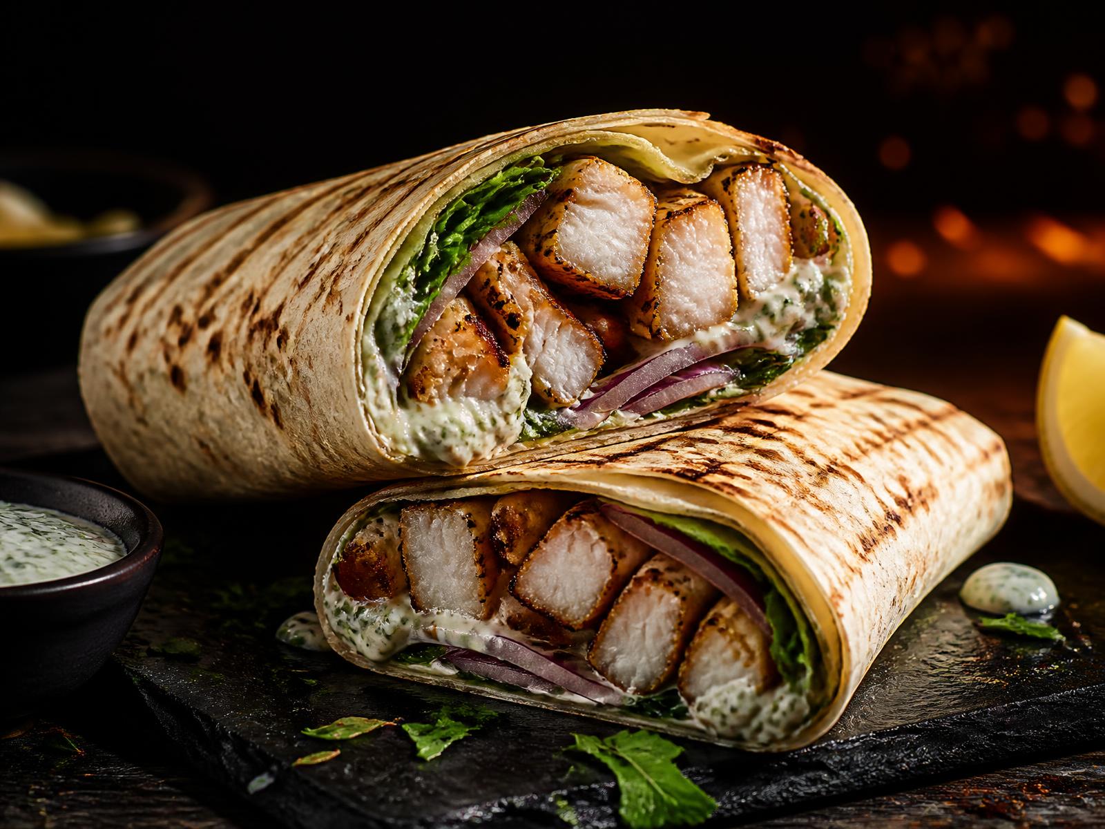 CheFish grilled fish shawarma wrap sliced open with herbs and garlic sauce